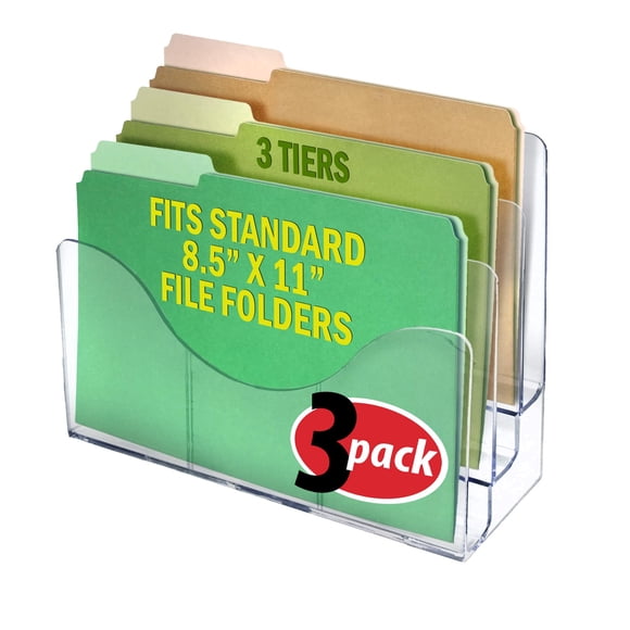 Azar Displays 250099-3PK Three Tier File and Brochure Desktop Wall Organizer Holder with Dividers brochure display stand acrylic file holder, Clear ,