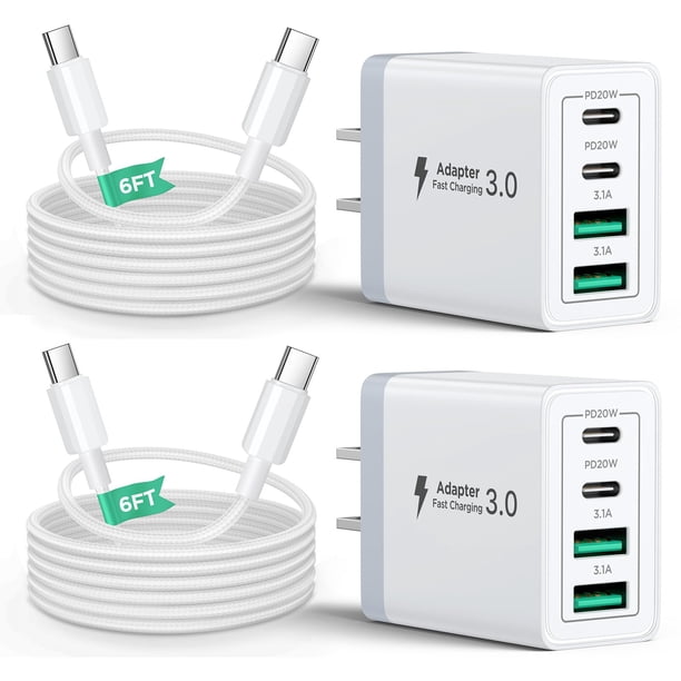 Bloque de cargador USB C Aiminu de 40 W, 4 puertos con cable USB-C de 6 pies, paquete de 2