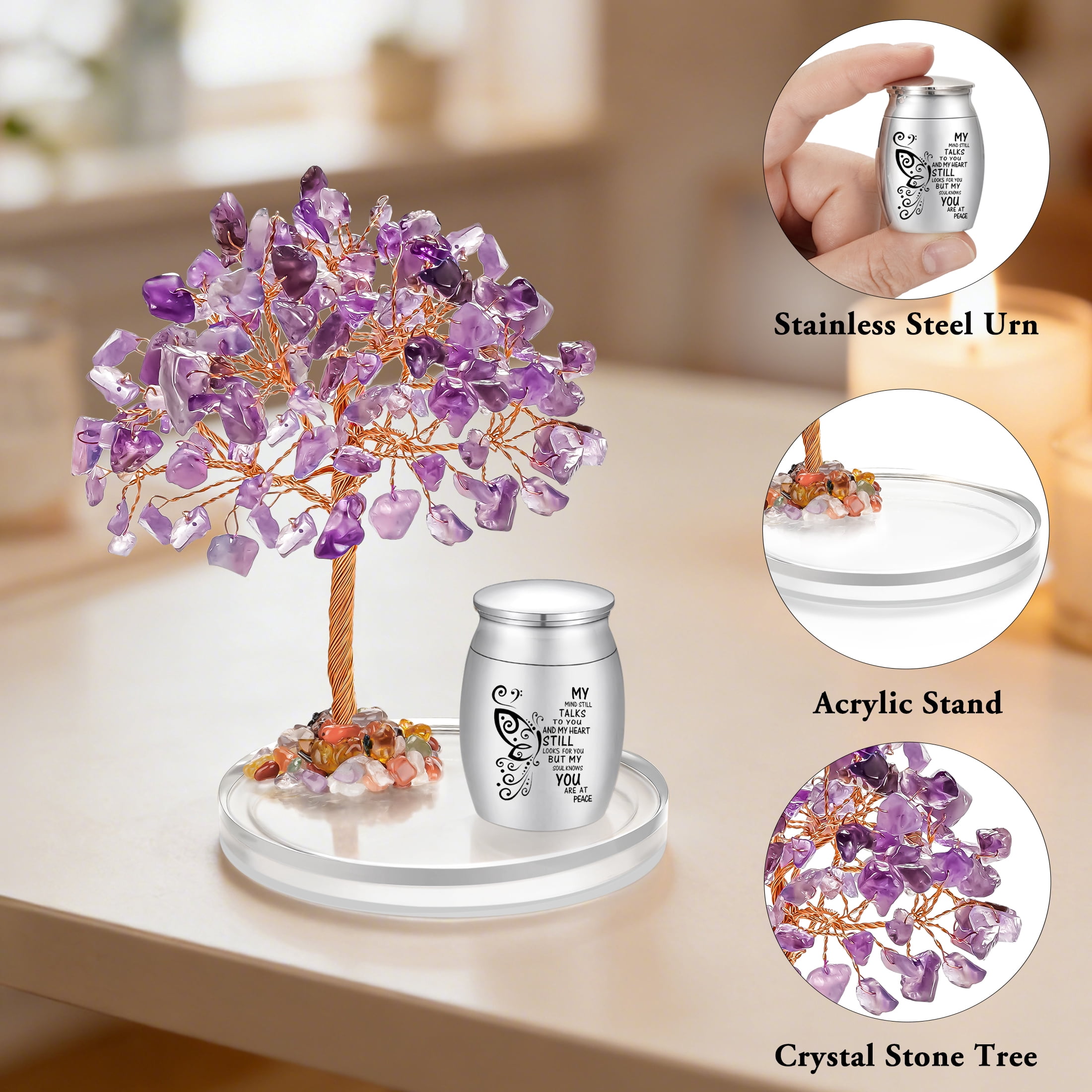 XIUDA Small Urns for Human Ashes Keepsake, Purple Stainless Steel Mini Urn  with Amethyst Crystal Tree -Decoration Butterfly Cremation Keepsake