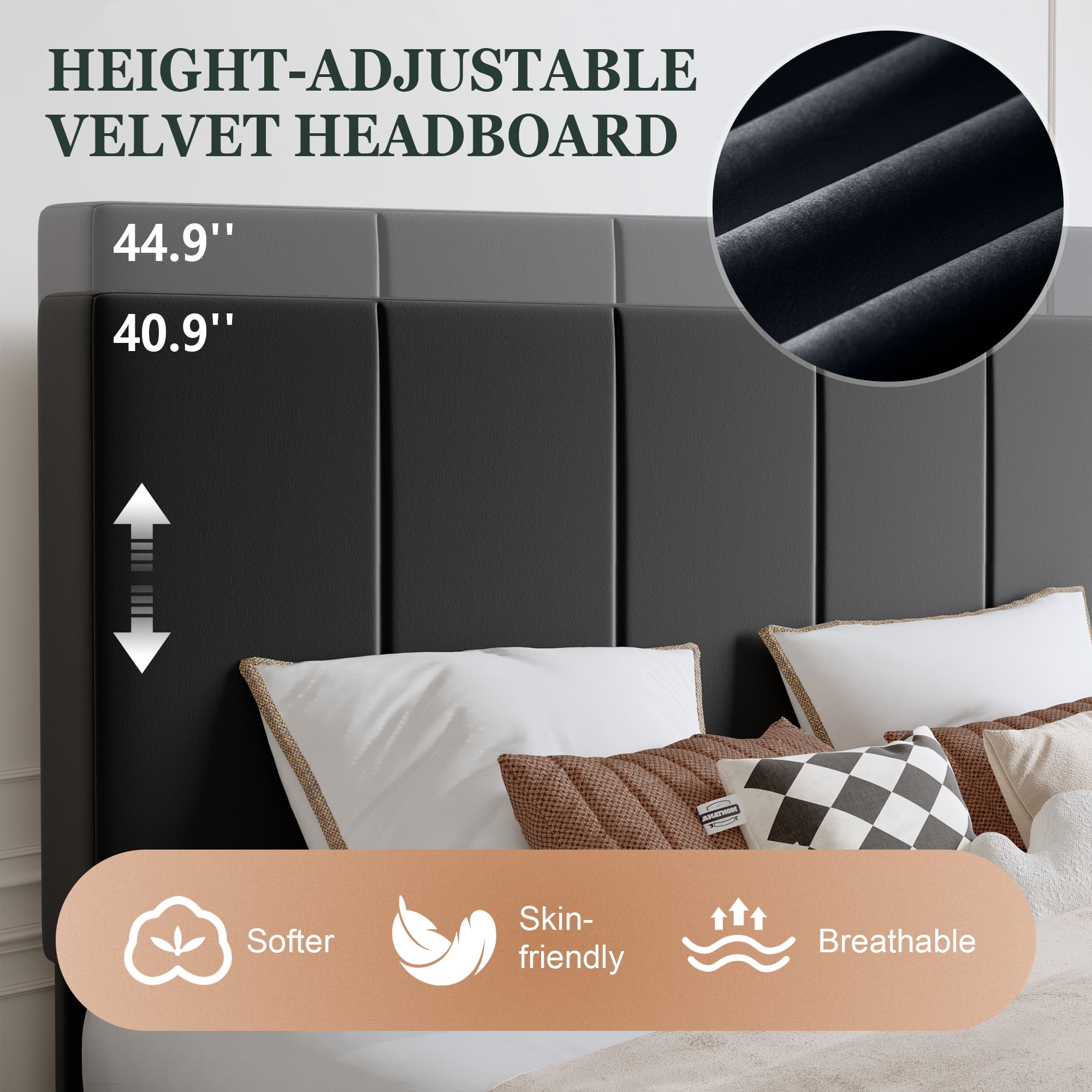 Amolife King Dutch Velvet Upholstered Platform Bed Frame with a Vertical-Channel-Tufted, Adjustable Headboard, Black