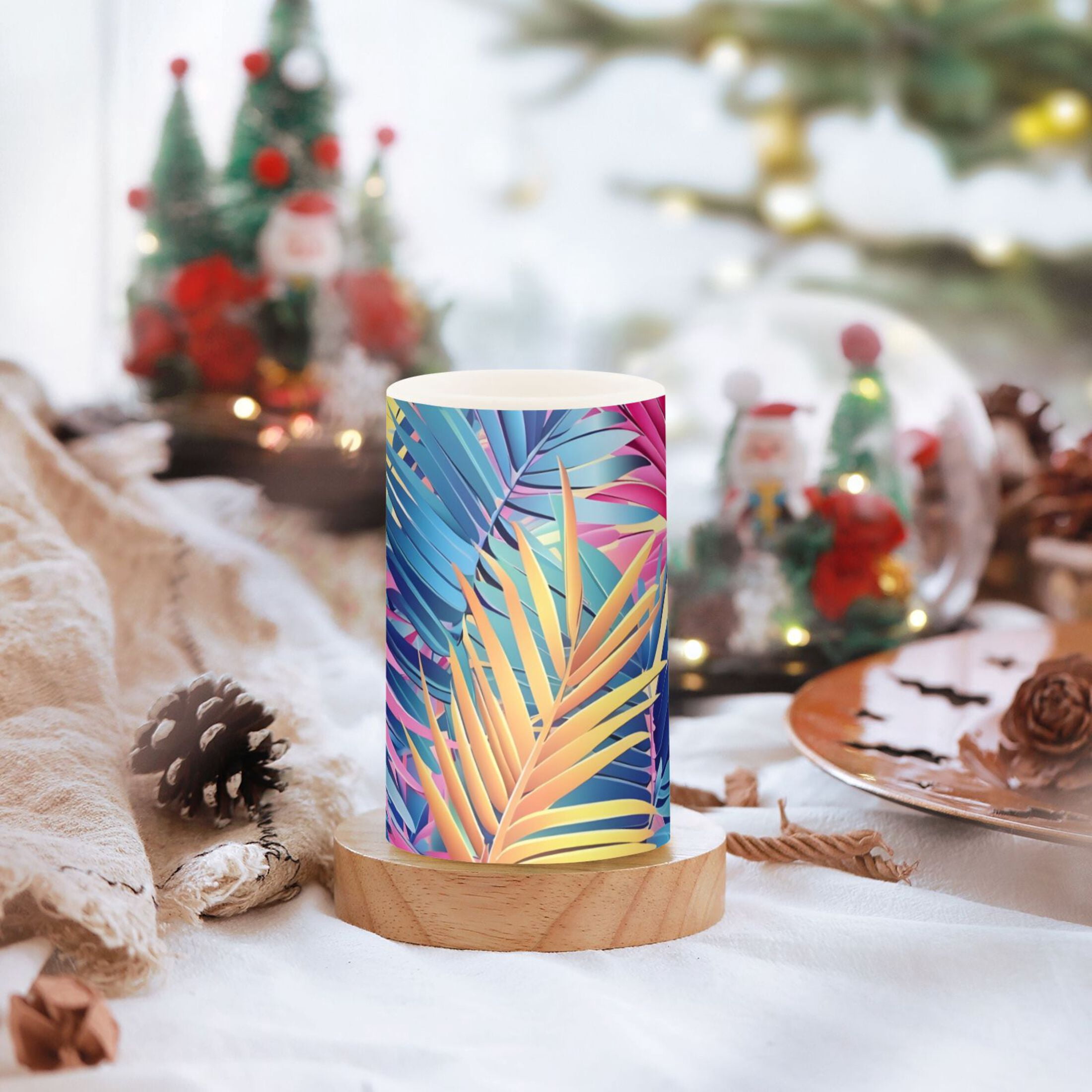 Colorful Tropical Palm Leaves Flickering Flameless LED Candles set of 2 Battery Operated 18-Key Remotes Timer Halloween Fall Decor D3''xH4''5''
