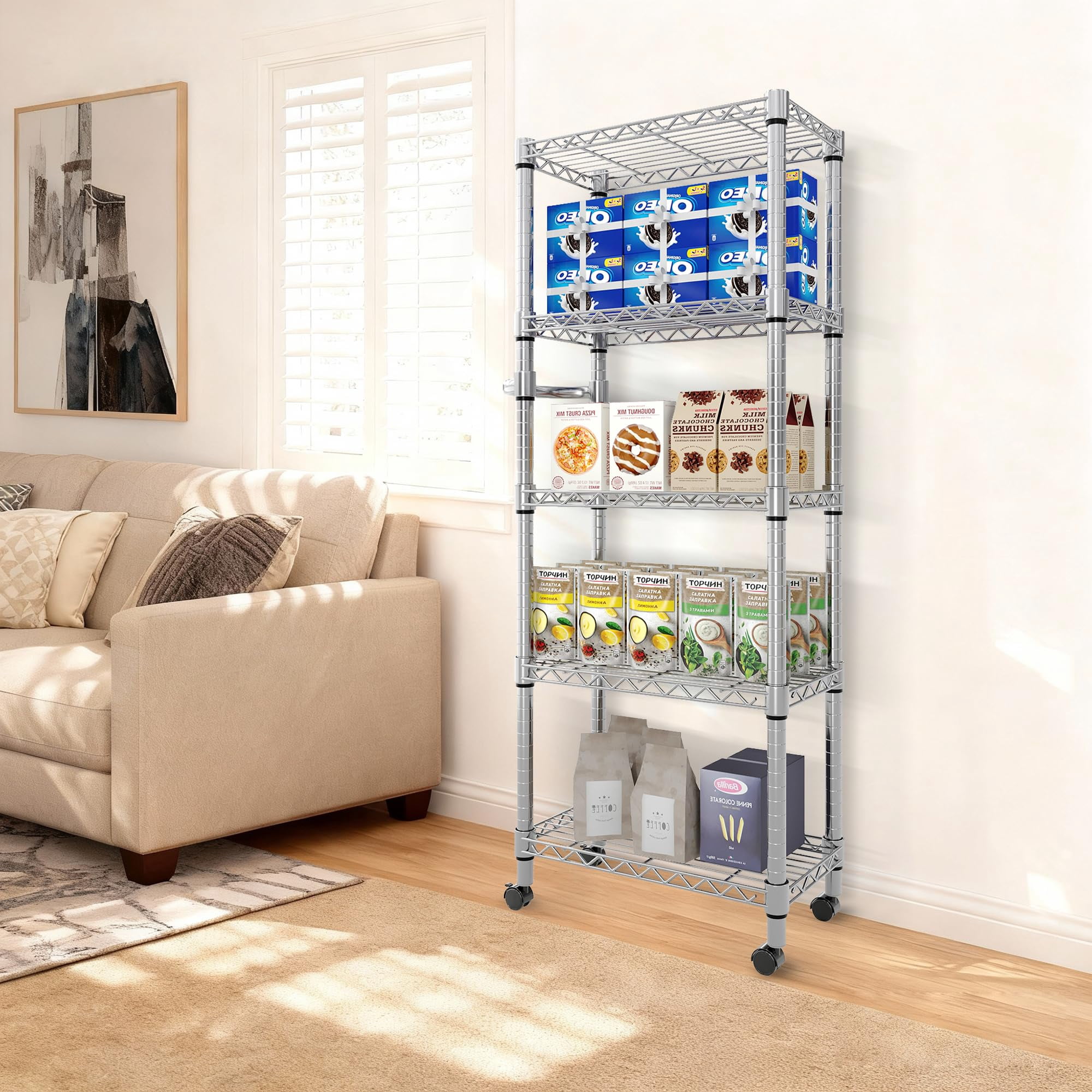 Gaderth 5-Tier Adjustable Wire Mesh Rack, 61-Inch Metal Storage Rack with Wheels, 24-Inch Wide Heavy-Duty Rolling Shelving Unit for Kitchens and Home Garages