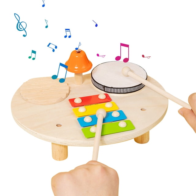 Wooden 4-in-1 Musical Instrument Set: Xylophone, Scraper, Bell & Bell Drum with 2 Knocking Rods - Smooth, Burr-Free Natural Wood & Metal Construction, 8.8x2 Inch Compact Size - Ideal Christmas &