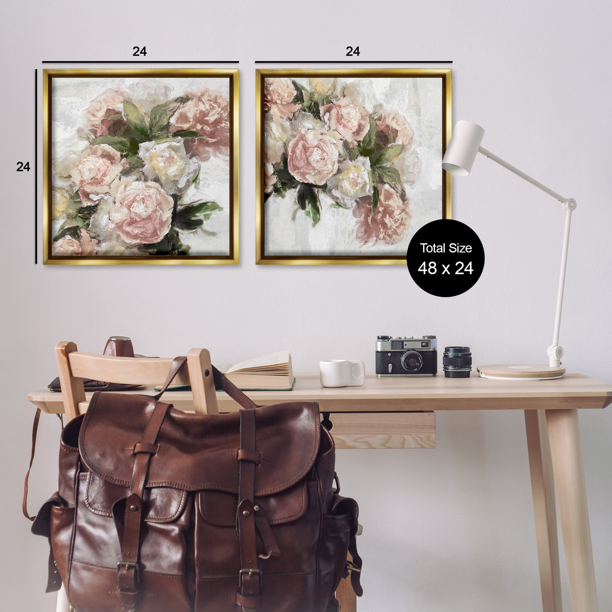 Stupell Industries Traditional Peony Blossoms Arrangement Botanical & Floral Painting Gold Floater Framed Canvas Art Print Wall Art, 25 x 25, Set of 2