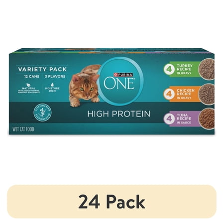 (24 pack) Purina ONE Natural High Protein Wet Cat Food Variety Pack Turkey Chicken and Tuna Recipes 3 oz.