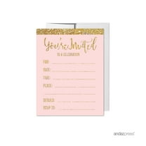 Blush Pink Gold Glitter Print Wedding Blank Party Invitations with Envelopes, 20-Pack