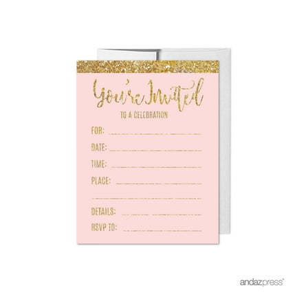 Blush Pink Gold Glitter Print Wedding Blank Party Invitations with Envelopes, 20-Pack