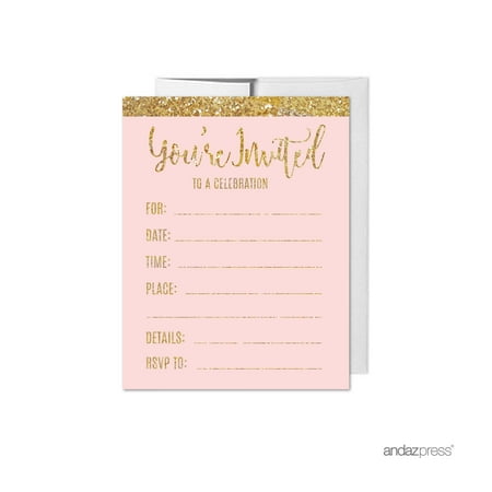 blush pink gold glitter print wedding blank party invitations with