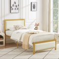 thumbnail image 1 of VECELO Twin Size Metal Bed Frame with Upholstered Headboard, Mattress Foundation Platform Bed with Nailhead, No Box Spring Needed, Beige, 1 of 7