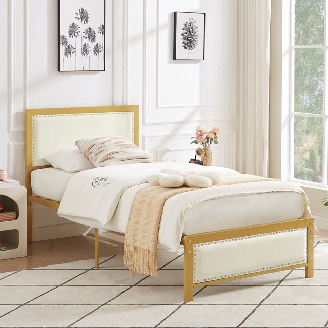 VECELO Twin Size Metal Bed Frame with Upholstered Headboard, Mattress Foundation Platform Bed with Nailhead, No Box Spring Needed, Beige