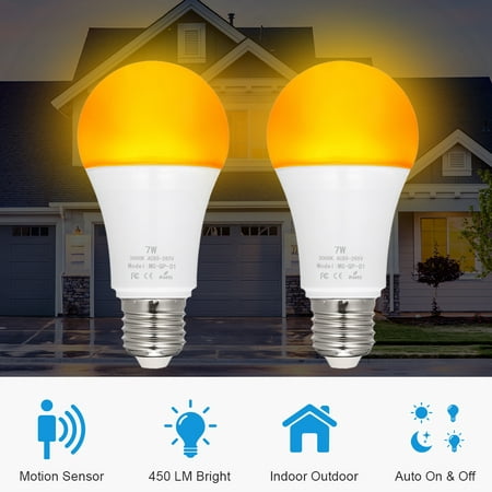 2 Pack LED Motion Sensor Light 7W E26/27 Light Bulb Dusk to Dawn Bulb with 16 LED Beads Wireless Motion Night Light Auto On & Off Light Bulb Outdoor Indoor Suitable for Front Door Porch Garage