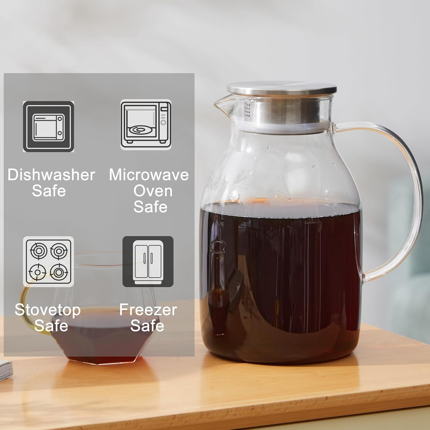 68 Oz/2 Liter Glass Pitcher with Lid, Heat Resistant Water Jug for Hot/Cold Water, Ice tea and Juice Beverage