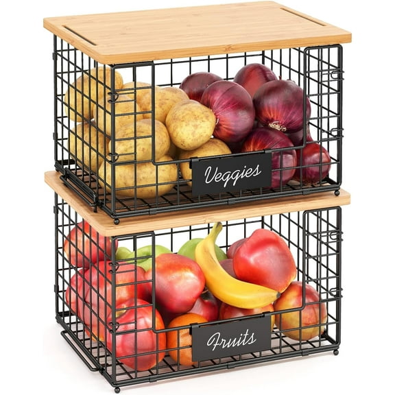 XCOSRACK 2-Pack XXL Stackable Wire Baskets with Bamboo Tops, Heavy Duty Kitchen Counter Organizer for Fruit, Vegetable, Potato & Onion Storage, Includes Cutting Boards, Shelf Liners & Nameplates