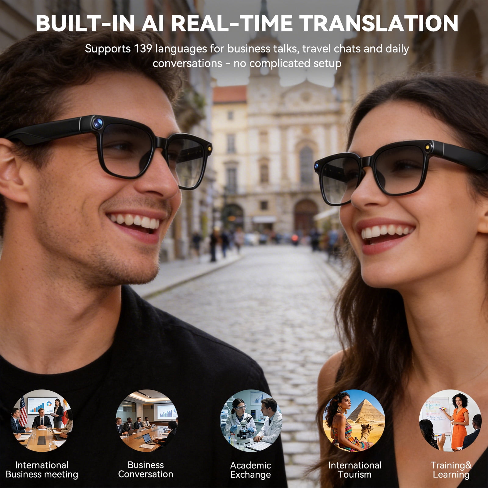 AI Smart Glasses with Camera,8MP Camera Glasses,1080P Anti-Shake Video Recording, Real Time Translation,AI Voice Assistant,Object Recognition,Bluetooth Sunglasses for Men，Women