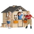 thumbnail image 3 of Outsunny Wooden Playhouse for Kids, Adventures Cottage, with Working Door, Windows, Bench, Service Station, Flowers Pot Holder, for 3-7 Years Old, 3 of 10