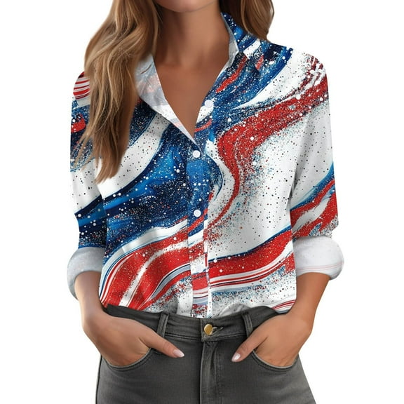 DIFUOUWE Independence Day Tops for Women Button Down Shirts Dressy Casual Lapel Collar Long Sleeve Soft Comfy T Shirt - Blue
