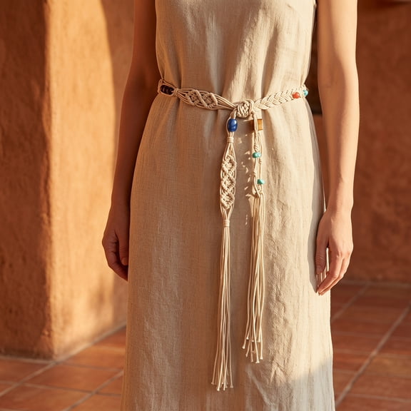 ELAYARD Women’s Boho Woven Cotton Rope Belt with Beaded Tassel for Casual and Outfits