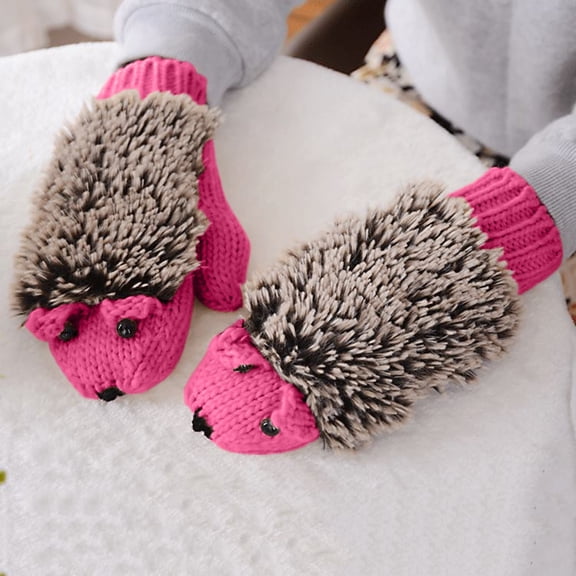 Pink Gloves Mittens for Women Men Knitted Warm Cartoon Hedgehog Winter Fleece Cotton Thick Gloves