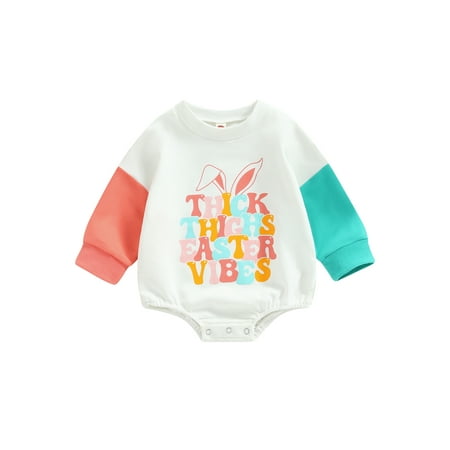 

Easter Baby Rompers Bunny Letter Print Contrast Color Long Sleeve Jumpsuit for Newborn Infant Girl Boy