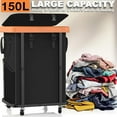thumbnail image 3 of 150L (40 Gal) Large Fashion Laundry Basket with Wheels, Leather Patchwork Rolling Hamper Carts, Sturdy Metal Frame, Removable Washable Bag, Tall Clothes Sorter for Bedroom, Laundry Room, Dorm - Black, 3 of 7