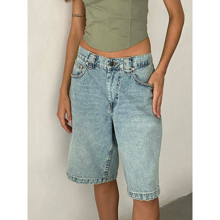 Y2k Loose Denim Bermuda Shorts for Women Low Rise Wide Leg Knee Length Oversized Fit Summer Jeans Shorts