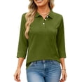 thumbnail image 5 of Womens Button Down 3/4 Sleeve Tennis Polo Shirts V Neck Collared Work T-Shirt Basic Business Casual Tops Army Green 3XL, 5 of 6
