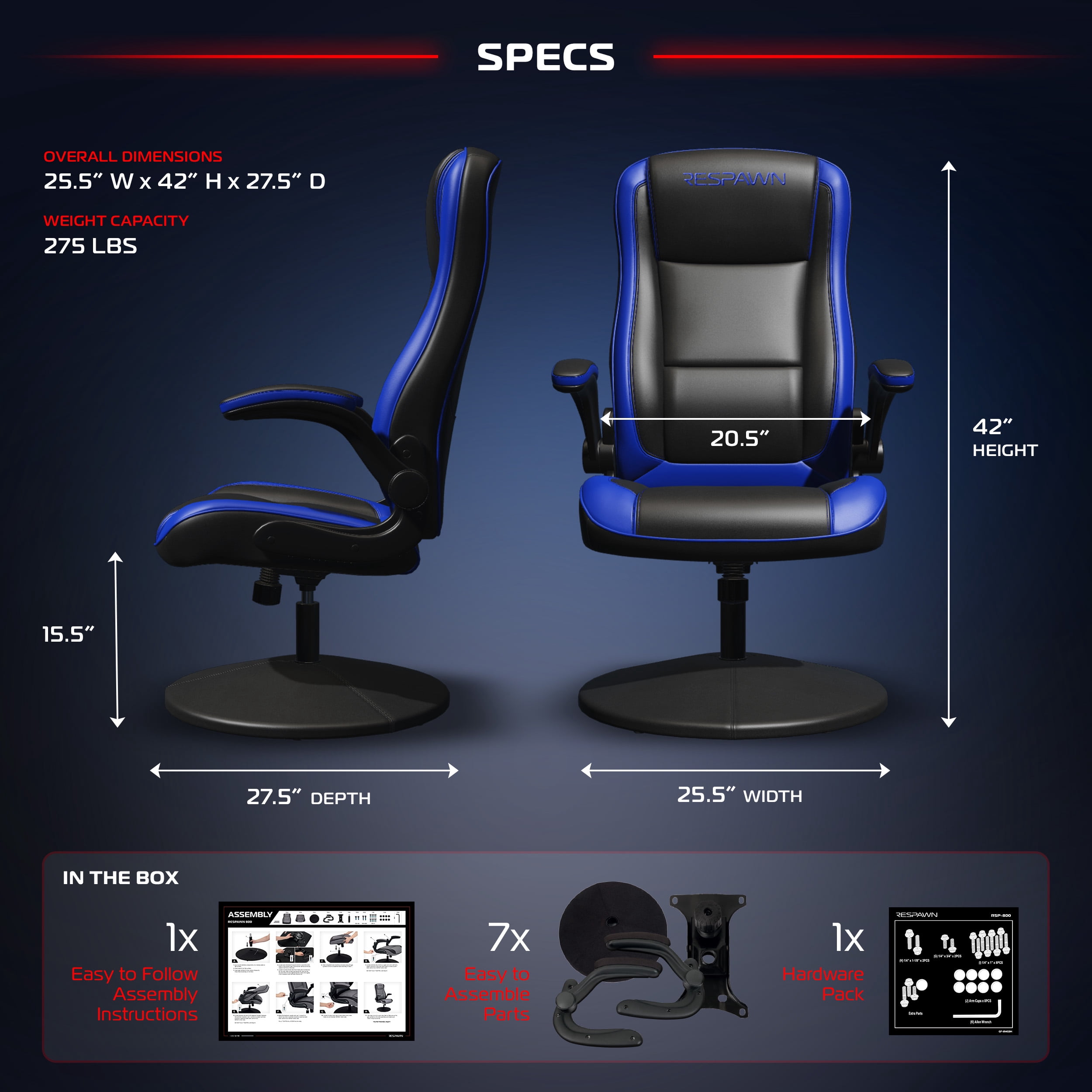 RESPAWN 800 Swivel Rocker Gaming Chair - Ergonomic Floor Gaming Seat with Lumbar Support, Flip Up Armrest, High Back, Pedestal Base, Comfortable No Wheels Console Video Game Rocker Chair - Blue