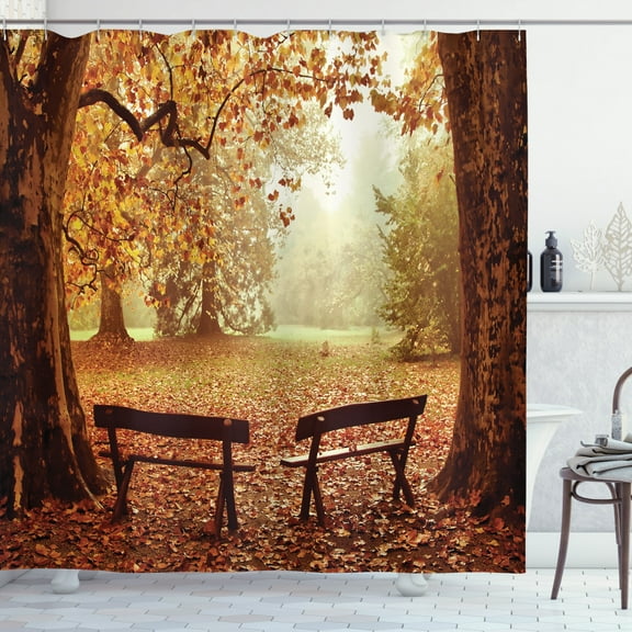 Ambesonne Autumn Shower Curtain, Dramatic Trees and Benches, 69"Wx70"L, Multicolor