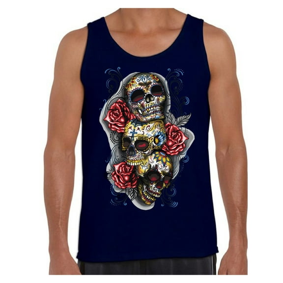 Awkward Styles Three Sugar Skull Tank Top for Men Sugar Skull Tank Day of the Dead Muscle Shirt for Men Halloween Gifts Dia de los Muertos Outfit Sugar Skulls Tank Top Skull Red Roses Muscle Tank
