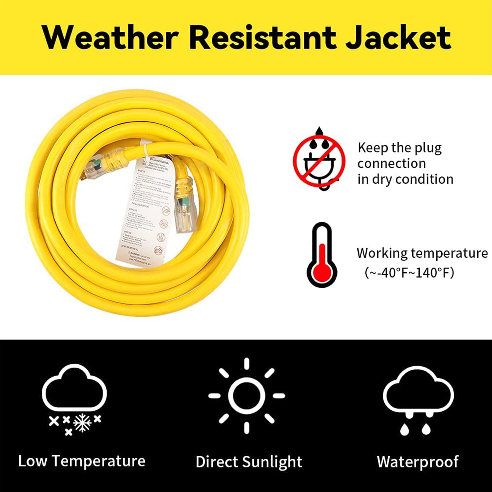 EP 10 Ft 10/3 SJTW Yellow Outdoor/Indoor Extension Cord, 10 Gauge Durable Electrical Cable