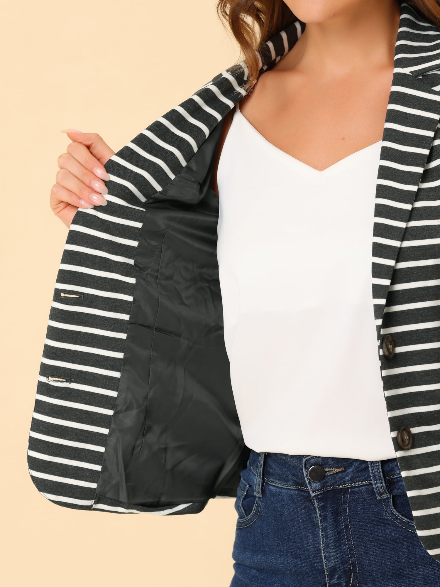 DARING DIVA Women's Striped Notched Lapel Button Closure Blazer S Grey White