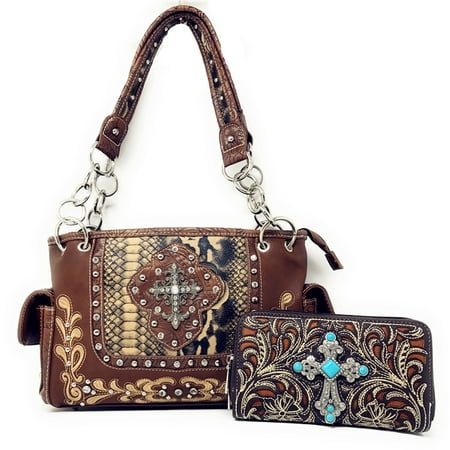 Texas West Concealed Carry Shoulder Handbag Western Purse And Matching Wallet With Rhinestone Cross In Multi
