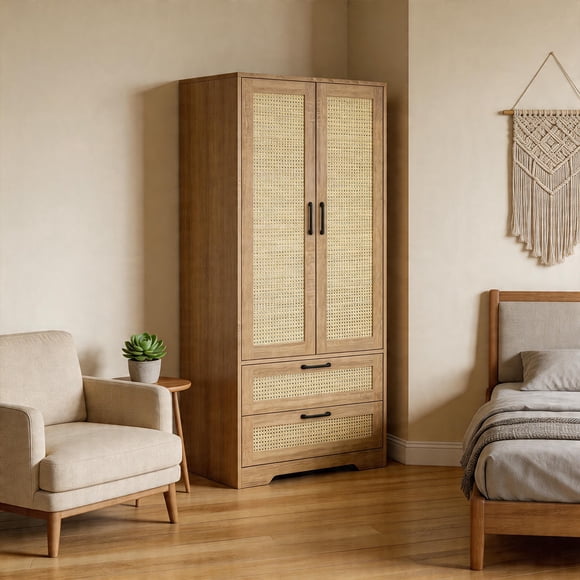 Rattan Armoire Wardrobe Closet with 2 Drawers,Farmhouse WoodenBedroom Armoire, Clothing Storage Cabinet with Hanging Rod,for bedroom