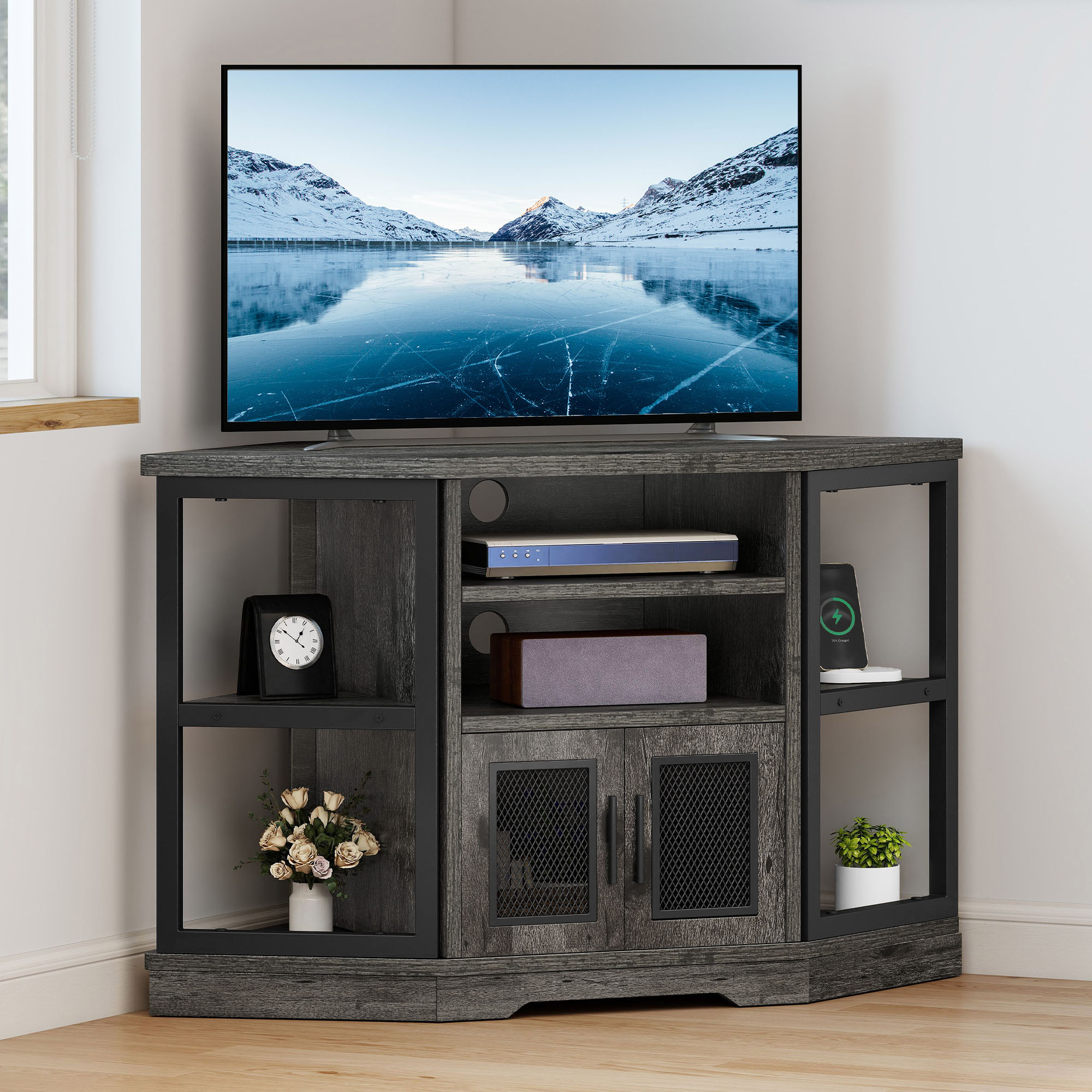 Uforic Corner 55" TV Stand with Power Outlet, Gray photo 2