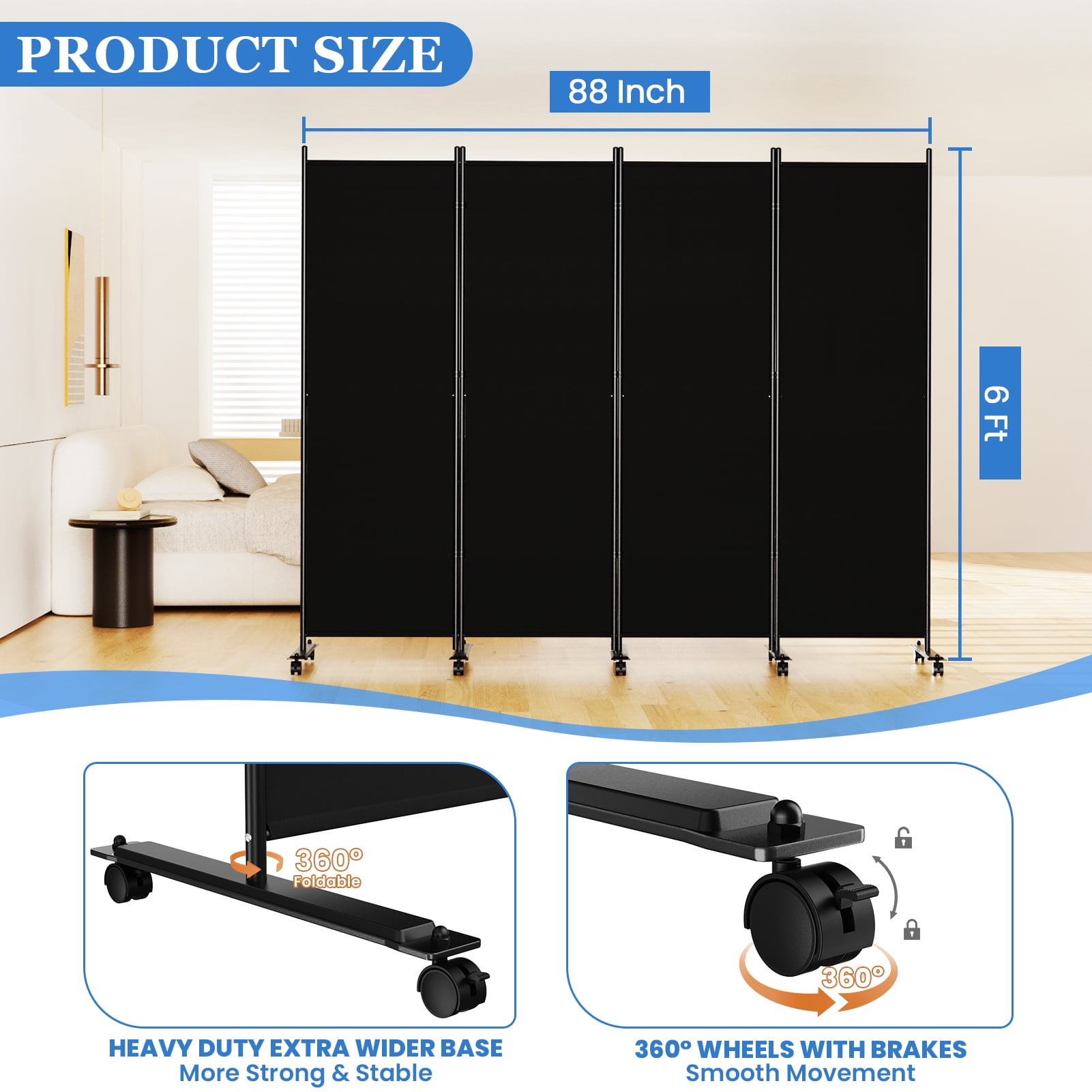 SUNALLY Rolling Room Dividers 6FT 4 Panel, Folding Privacy Screens with Lockable Wheels, 88" W Portable Wall Divider Room Separation for Porch Living Room Dorm Studio Office, Black