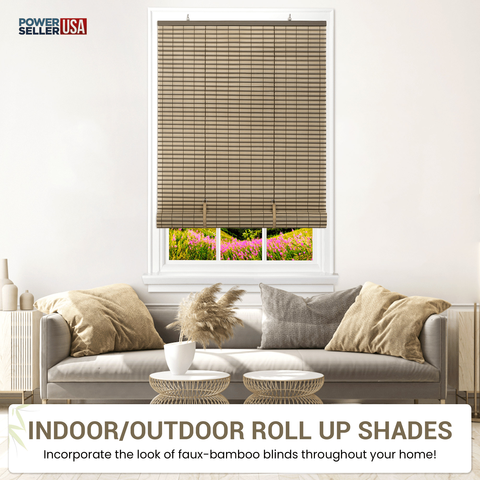 PowerSellerUSA Oval Cordless Blinds, Roll-Up Roller Shades for Windows and Doors, Light Filtering and Shades Privacy Window Treatment for Home - 48" (Width) x 72" (Length) Brown