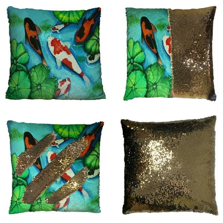 GCKG Asian Pillowcase, Japanese Koi Fish Painting Reversible Mermaid Sequin Pillow Case Home Decor Cushion Cover 16x16 inches