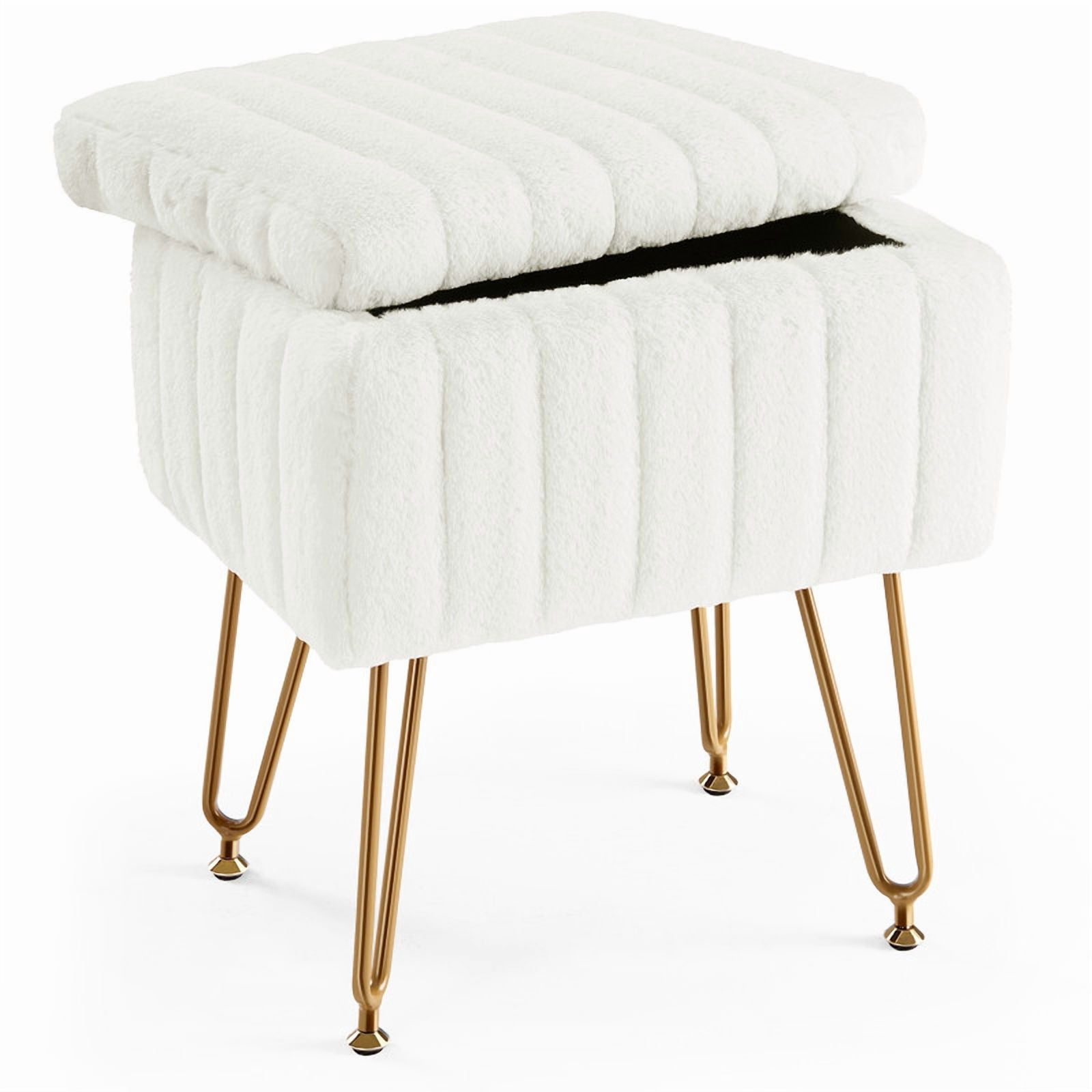BEAUTYPEAK Vanity Stool with Storage Faux Fur Padded Makeup Ottoman with Gold Metal Legs and Adjustable Feet 18.9" Footstool, White