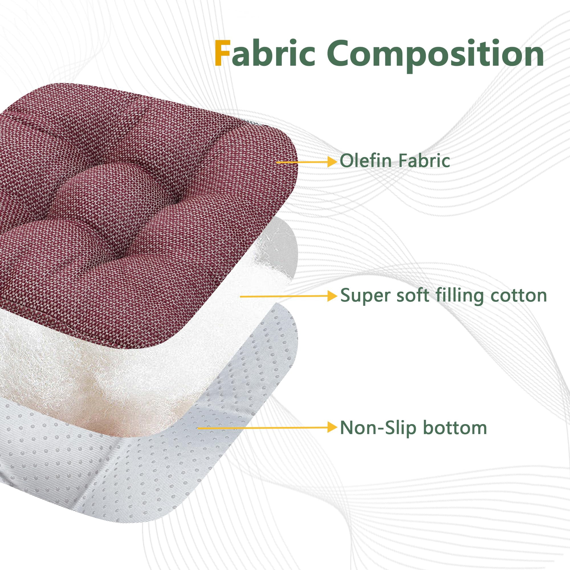 Chair Cushions for Dining Chairs Set of 2, 16.5" x 16.5" Tufted Memory Foam Seat Cushions, 3.5" Thick Olefin Fabric Kitchen Chair Pads with Ties & Non-Slip Backing, Wine Red