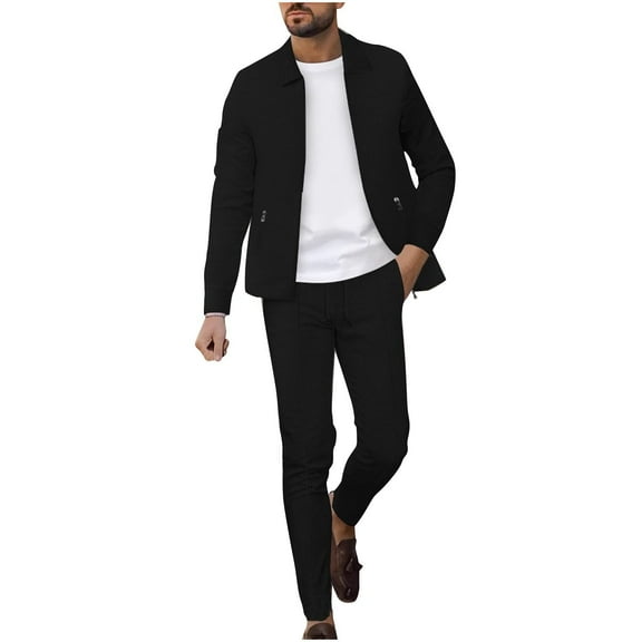 BXINGOHAI Men's Waffle Casual Solid Color Sports Long Sleeved Button Pocket Lapel Cardigan Leg Tied Pants Set Sale Black,S