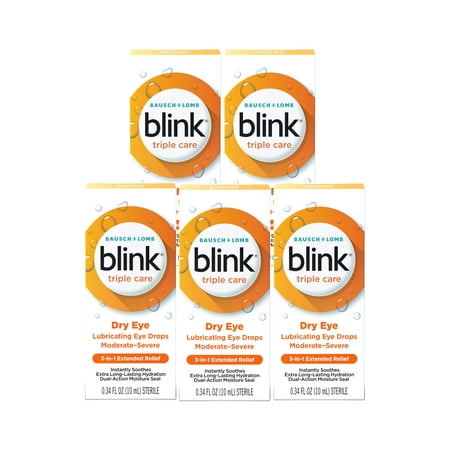 5 Pack - Blink Triple Care Lubricating Eye Drops – Long-Lasting Hydration for Moderate to Severe Dry Eyes, Moisturizes & Soothes with Hyaluronate, 0.34 Fl Oz
