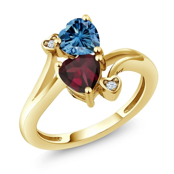 Gem Stone King 18K Yellow Gold Plated Silver Persian Blue Moissanite Red Rhodolite Garnet Ring for Women (1.55 Cttw, Heart Shape 6MM, Gemstone Birthstone, Size 6)