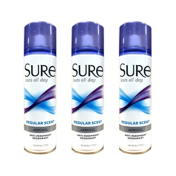 Sure Regular Scent Aerosol Antiperspirant and Deodorant - 48-Hour Protection Deodorant for Men and Women - Fast Drying Spray Deodorant - 6 oz (pack of 3)