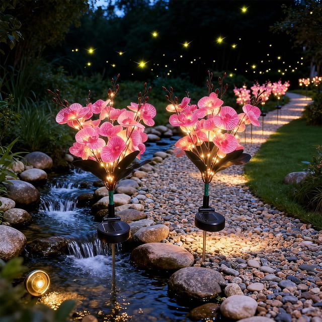 Luces solares de jardín Orquídea Phalaenopsis exterior, estaca decorativa de 5 luces alimentada por energía solar, LED multicolor, 2 modos de iluminación, encendido automático, resistente a la