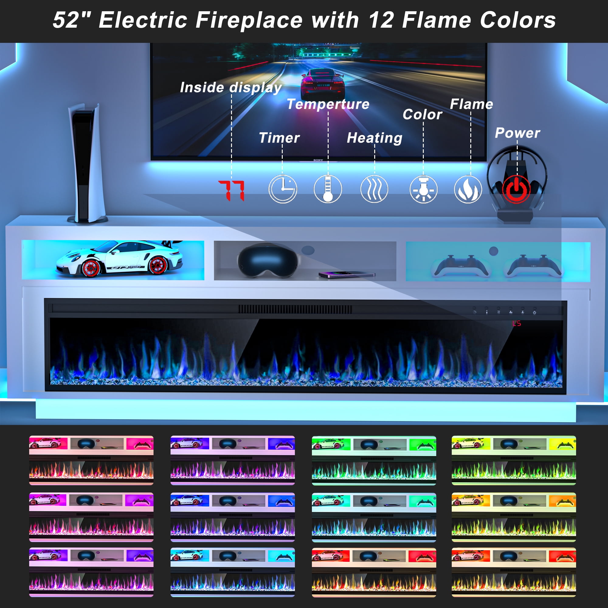 HARIPUL 58'' Fireplace TV Stand w/ LED Light & Storage Cabinet, Electric Fireplace for TVs up to 65 inches, White