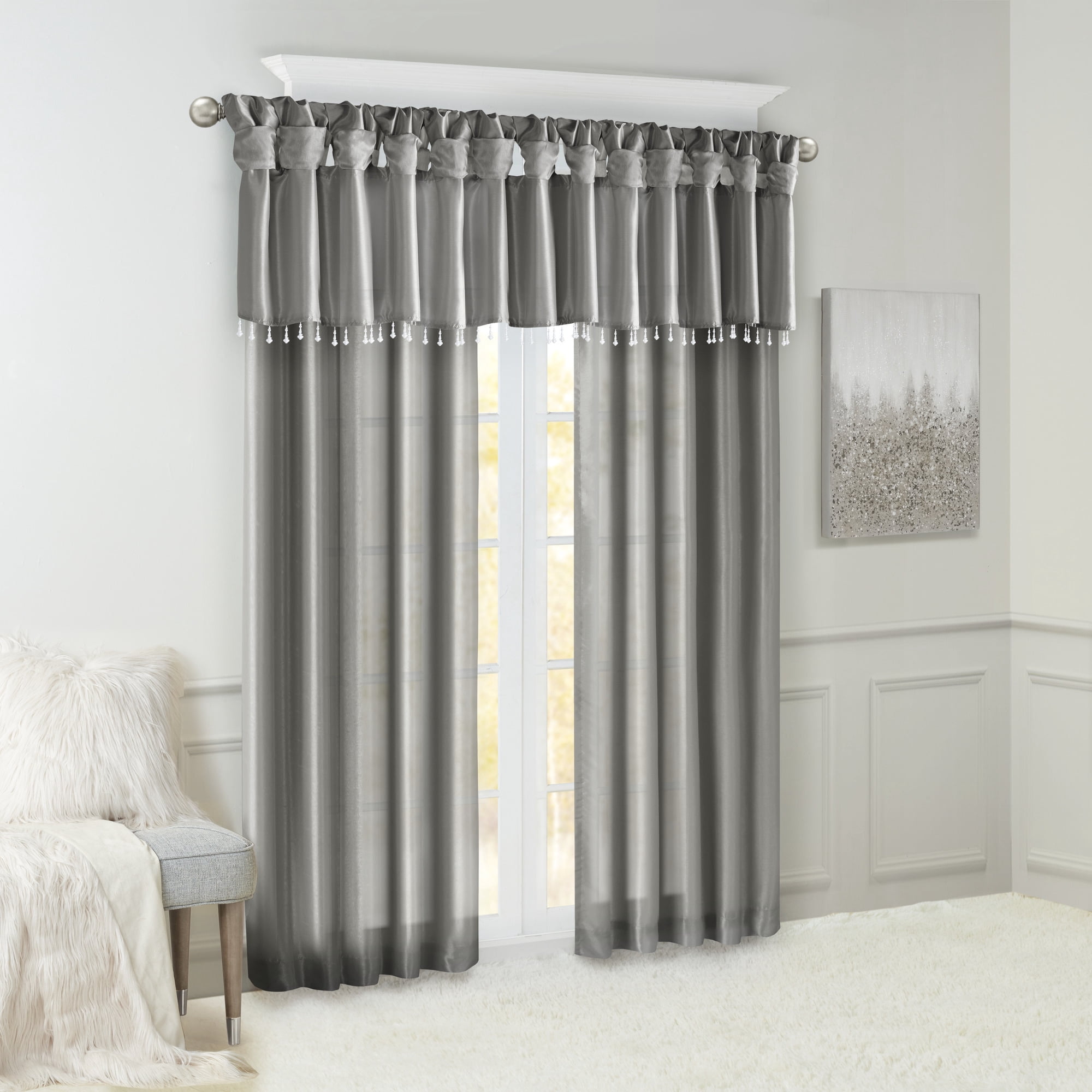 Lightweight Faux Silk Valance With Beads Charcoal 50x26"