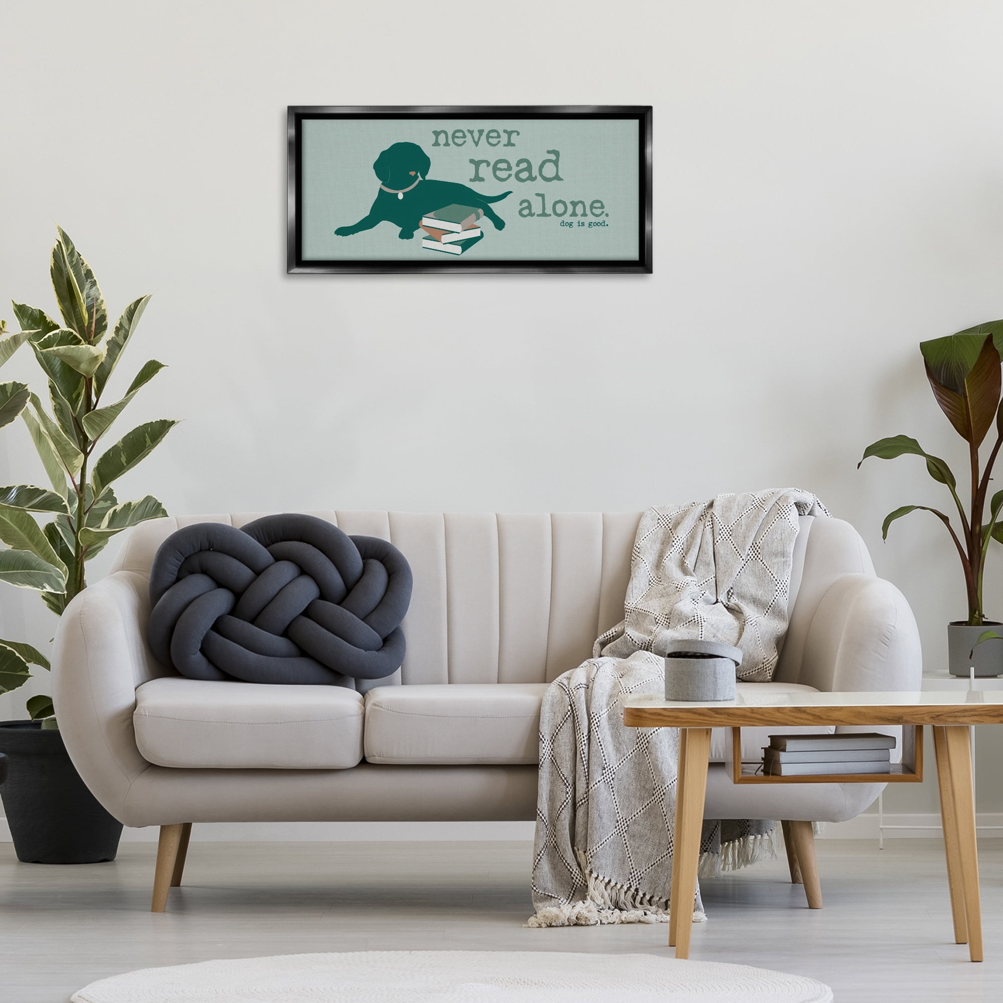 Stupell Industries Never Read Alone Dog Animals Painting Black Floater Framed Canvas Art Print Wall Art, 31 x 14