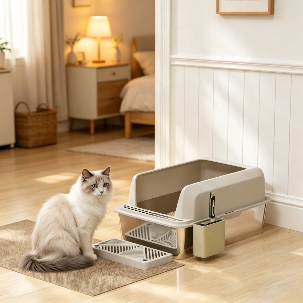 Stainless Steel Cat Litter Box with High Side Wall, Anti-Spill & Anti-Tracking, Includes Scoop & Storage Box