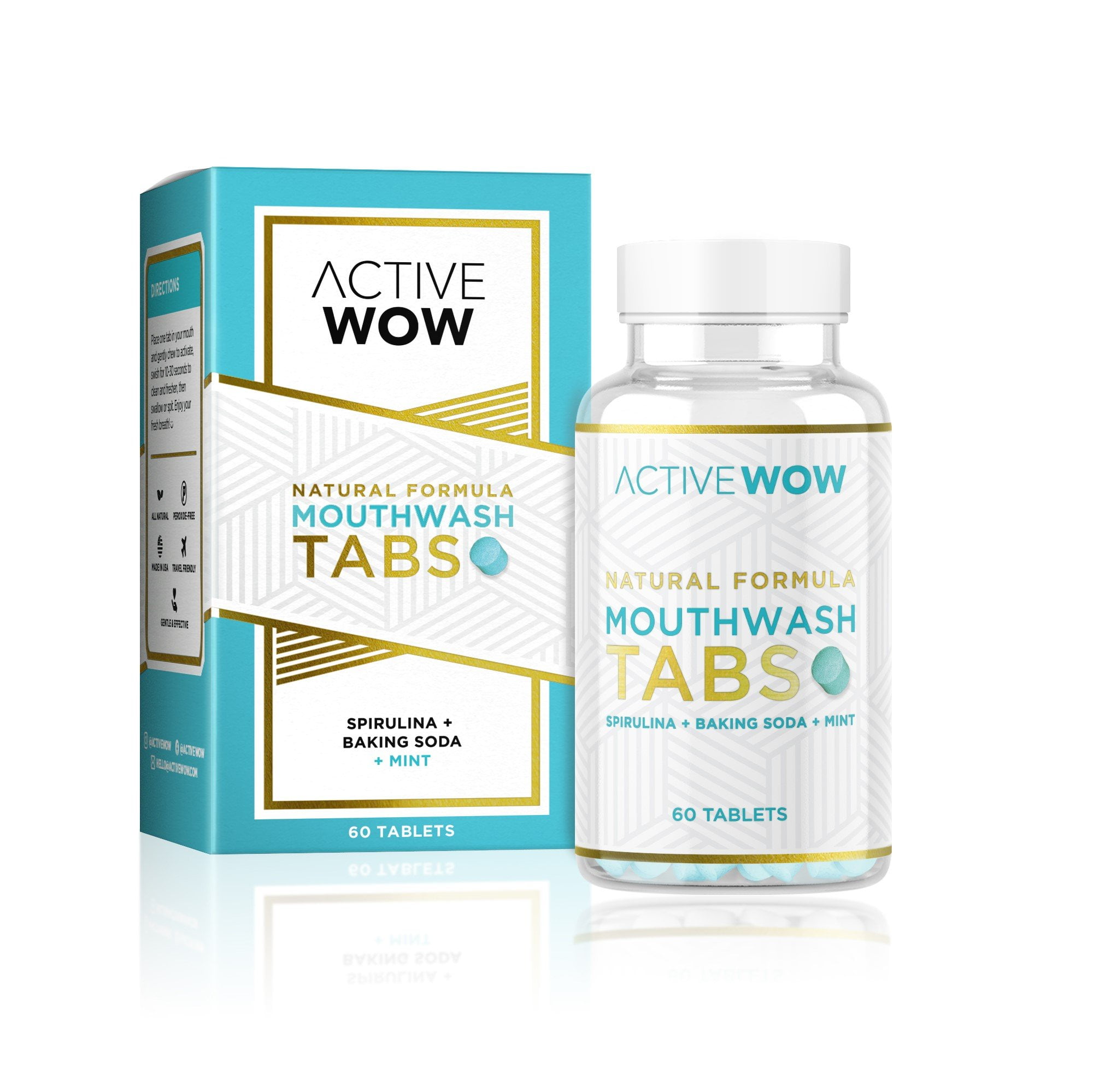 Active Wow Mouthwash Tabs with Baking Soda, Mint & Spirulina, Natural Chewable Breath Freshening Tablets