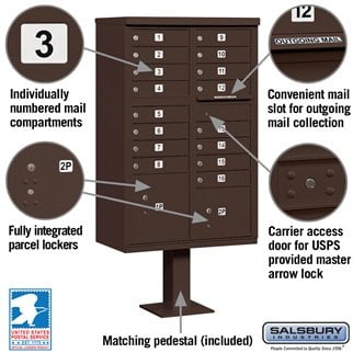 Salsbury Cluster Mailbox Unit+Pedestal. USPS Access, 16 A Size Doors by Salsbury